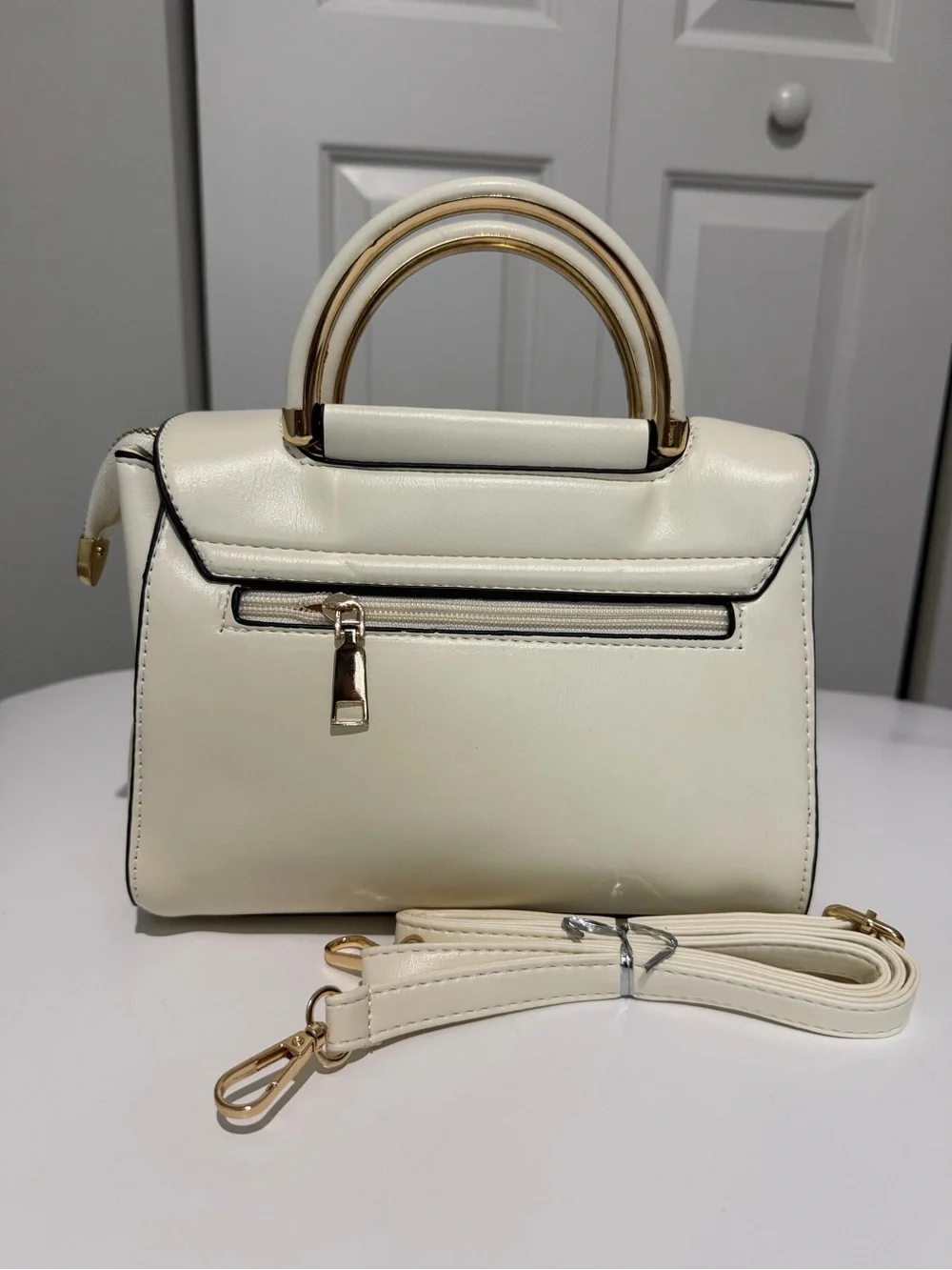 Cream Top-Handle Satchel with Gold Hardware